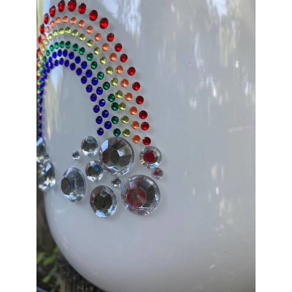 Large White Glass Rhinestone RAINBOW Vase - White Round Bling Planter - Picture 6 of 9